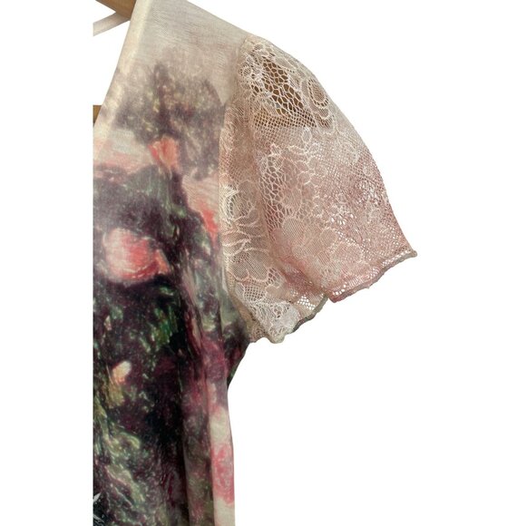 B.L.E.U. Womens Size Medium Floral Embellished Short Sleeve T-shirt Lace Sleeve - Picture 4 of 8